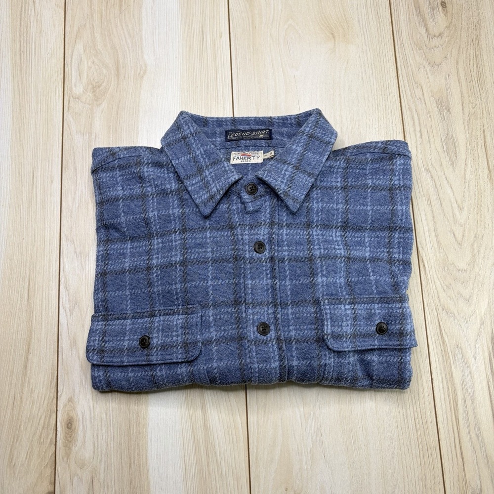 Faherty Legend Mens Soft Knit Plaid Button Down Flannel Shirt Blue XL Longsleeve